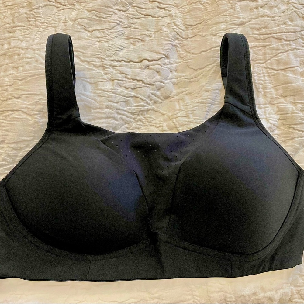 Lululemon black sports bra; back hook closure and ventilation; 32DD